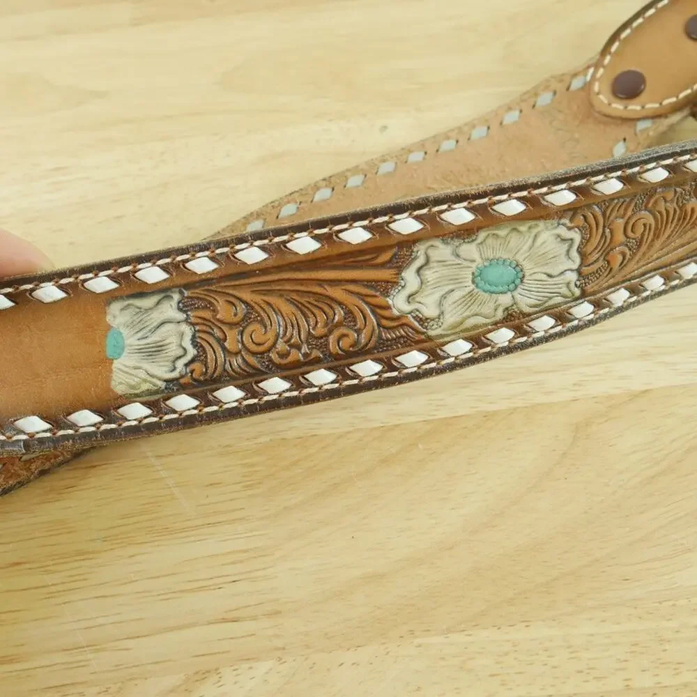 Vintage Tony Lama Western Belt‎ Tooled Leather CRITT Painted Cowboy Size 30 USA